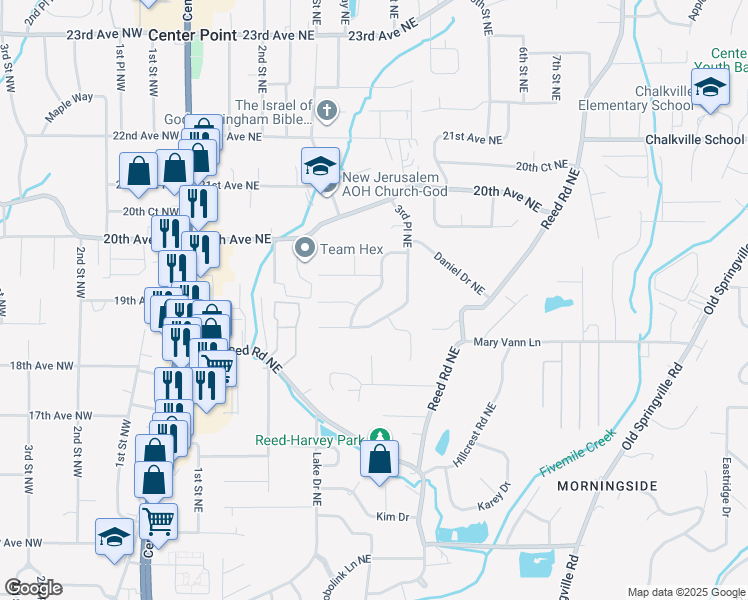 map of restaurants, bars, coffee shops, grocery stores, and more near 1809 Mara Drive Northeast in Center Point