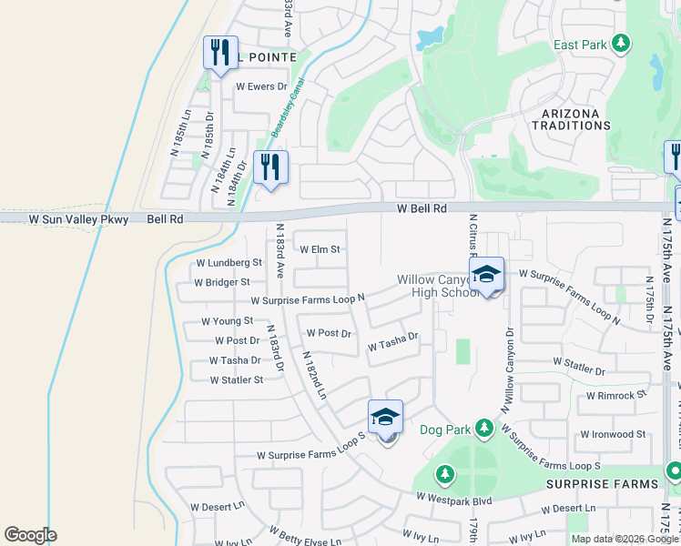 map of restaurants, bars, coffee shops, grocery stores, and more near 18123 West Lundberg Street in Surprise