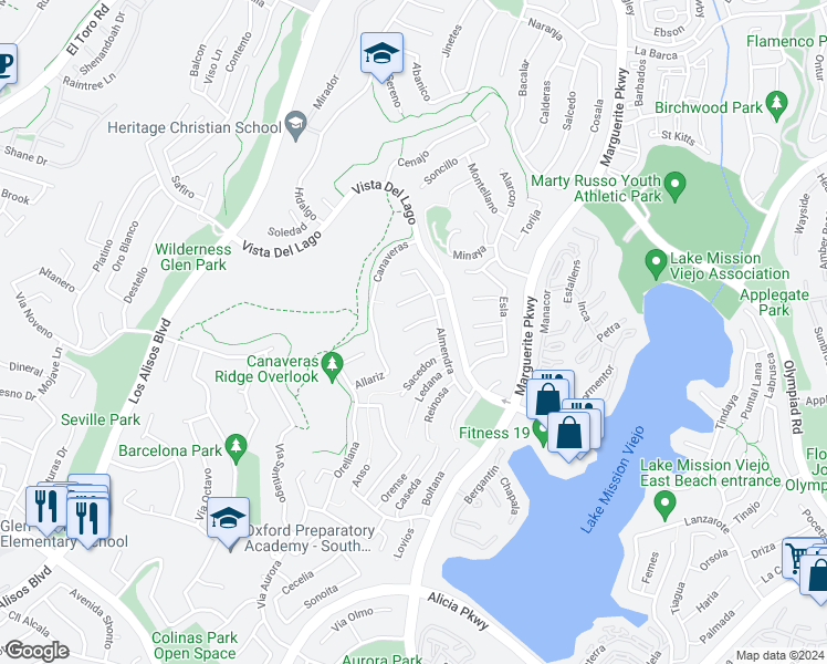 map of restaurants, bars, coffee shops, grocery stores, and more near 22472 Melida in Mission Viejo