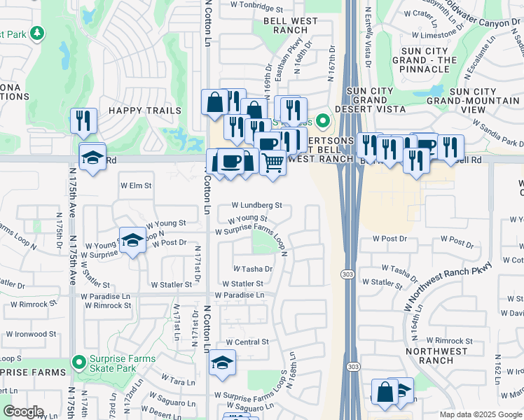map of restaurants, bars, coffee shops, grocery stores, and more near 16977 West Lundberg Street in Surprise