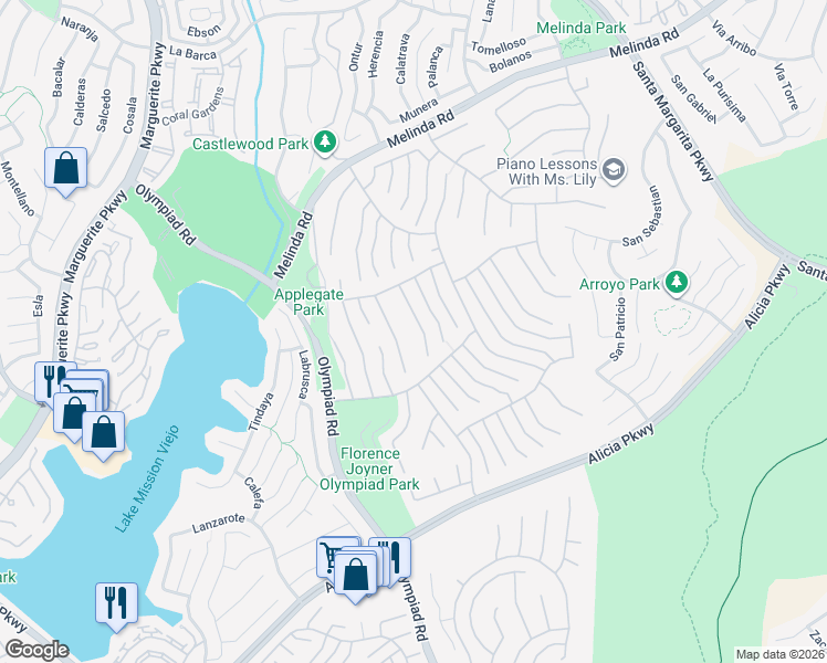 map of restaurants, bars, coffee shops, grocery stores, and more near 22451 Birchcrest in Mission Viejo