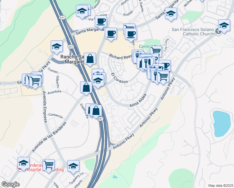 map of restaurants, bars, coffee shops, grocery stores, and more near 19 Calle De Arena in Rancho Santa Margarita