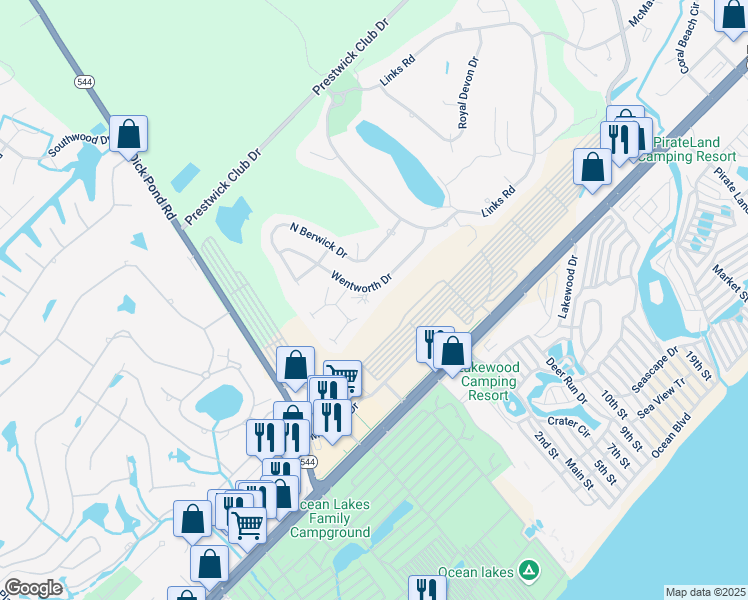 map of restaurants, bars, coffee shops, grocery stores, and more near 2170 Lytham Court in Myrtle Beach