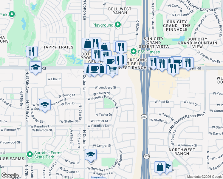map of restaurants, bars, coffee shops, grocery stores, and more near 16977 West Lundberg Street in Surprise
