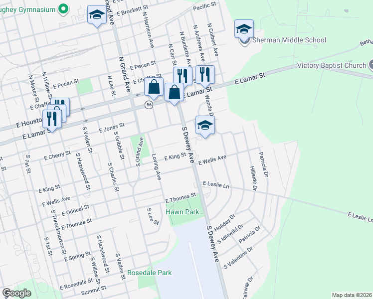 map of restaurants, bars, coffee shops, grocery stores, and more near 514 South Dewey Avenue in Sherman