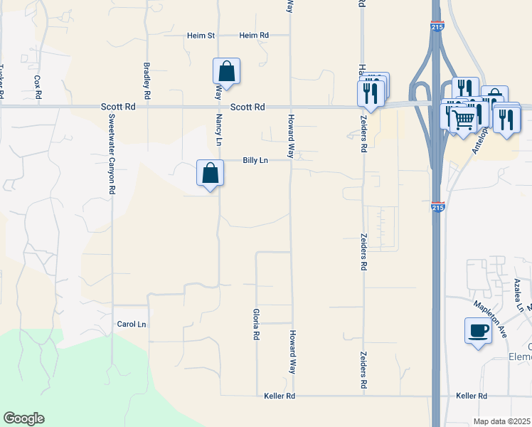 map of restaurants, bars, coffee shops, grocery stores, and more near 33305 Howard Way in Menifee