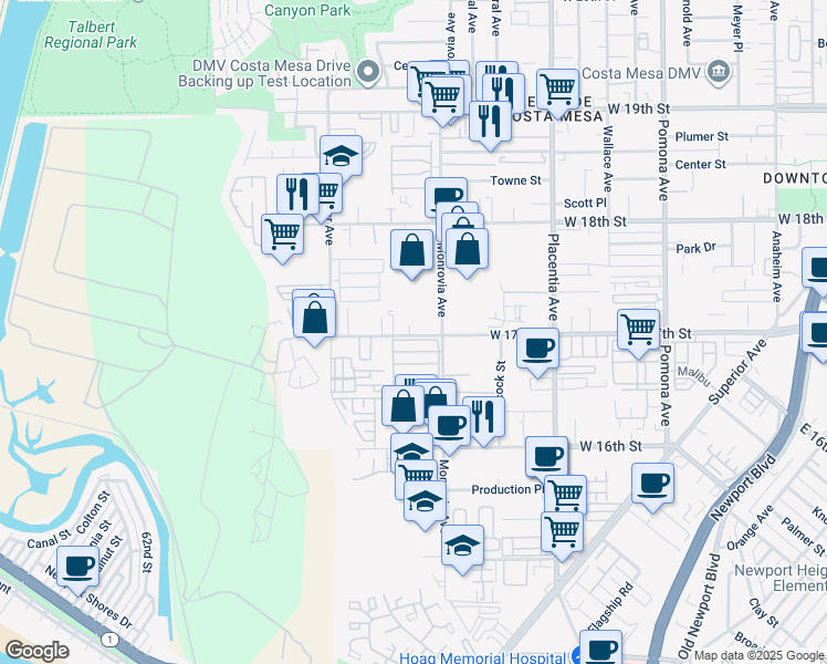 map of restaurants, bars, coffee shops, grocery stores, and more near 928 West 17th Street in Costa Mesa