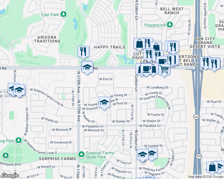 map of restaurants, bars, coffee shops, grocery stores, and more near 17232 West Young Street in Surprise