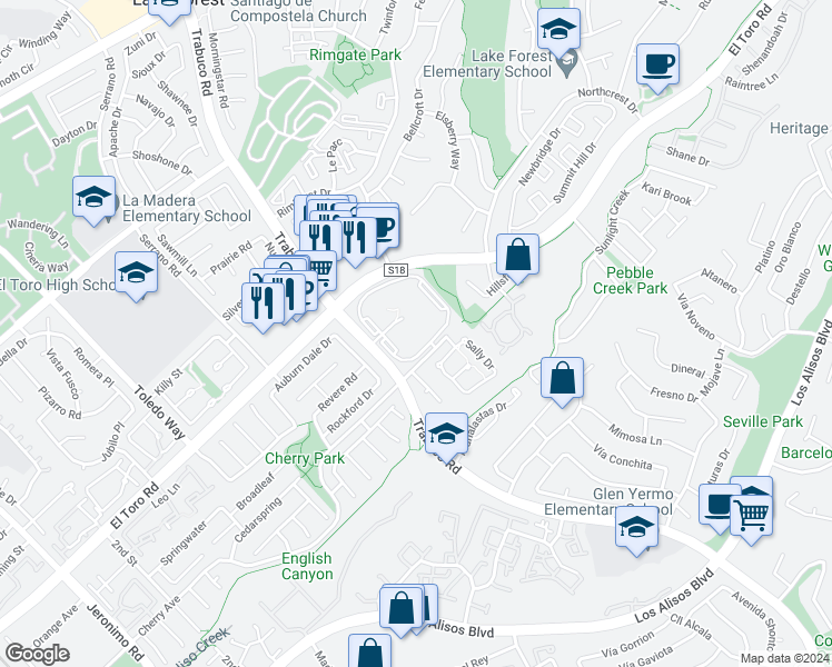 map of restaurants, bars, coffee shops, grocery stores, and more near 25885 Trabuco Road in Lake Forest