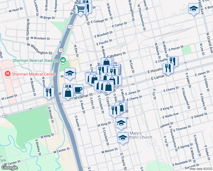 map of restaurants, bars, coffee shops, grocery stores, and more near in Sherman