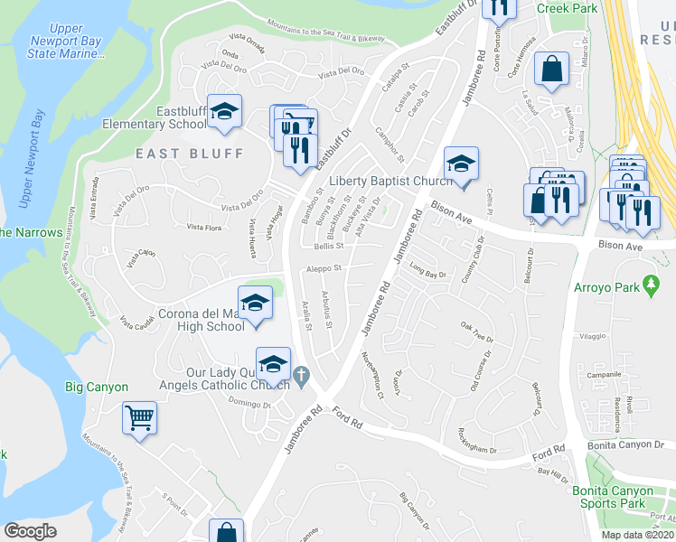 map of restaurants, bars, coffee shops, grocery stores, and more near 807 Aleppo Street in Newport Beach