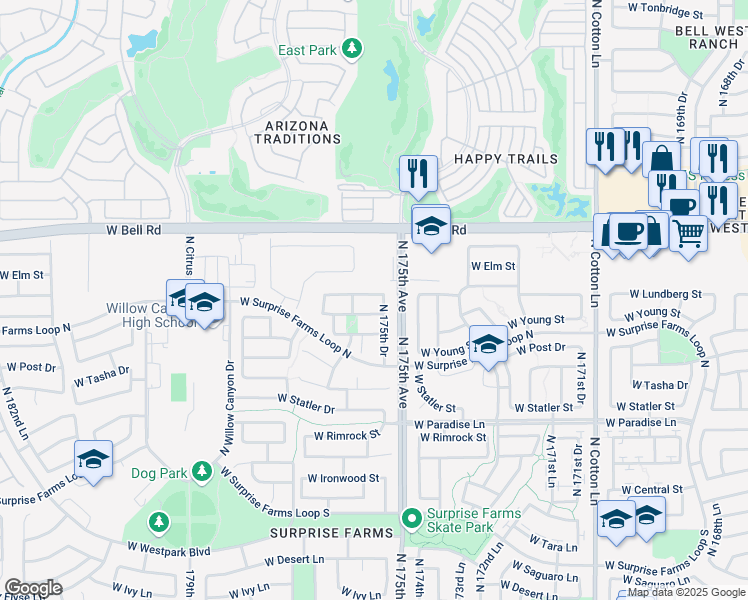 map of restaurants, bars, coffee shops, grocery stores, and more near 17614 West Bridger Street in Surprise