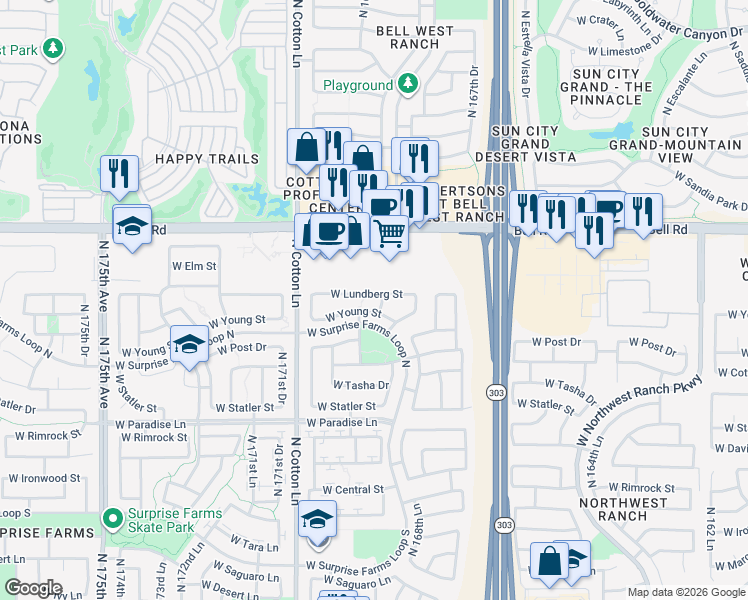 map of restaurants, bars, coffee shops, grocery stores, and more near 16977 West Lundberg Street in Surprise