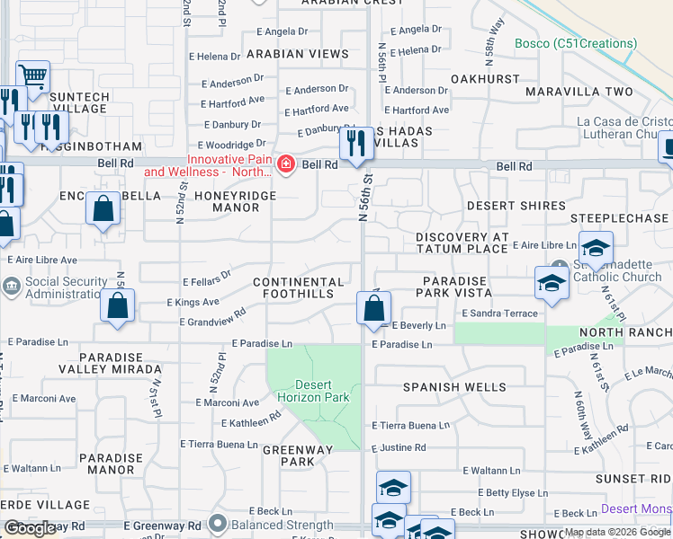 map of restaurants, bars, coffee shops, grocery stores, and more near 5520 East Grandview Road in Scottsdale