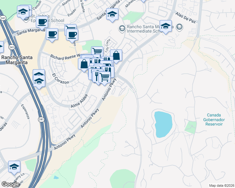 map of restaurants, bars, coffee shops, grocery stores, and more near 2 San Angelo in Rancho Santa Margarita