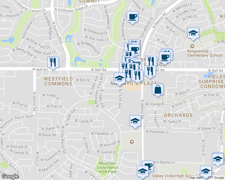 map of restaurants, bars, coffee shops, grocery stores, and more near 15718 West Young Street in Surprise