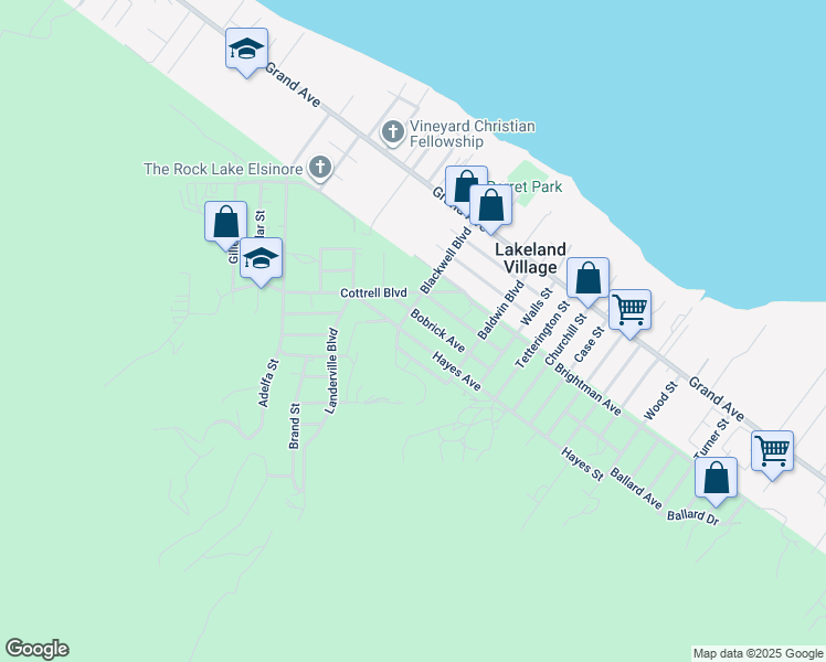map of restaurants, bars, coffee shops, grocery stores, and more near 17622 Hayes Avenue in Lake Elsinore
