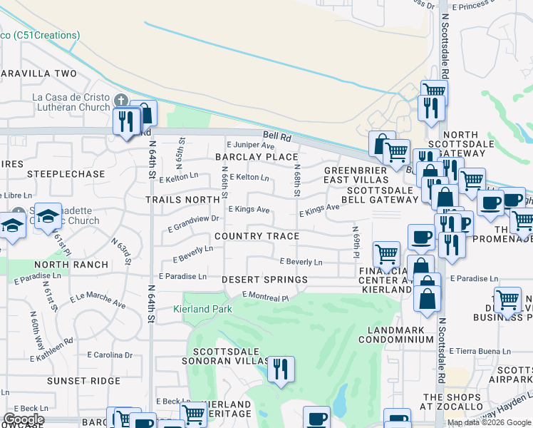map of restaurants, bars, coffee shops, grocery stores, and more near 6728 East Grandview Drive in Scottsdale