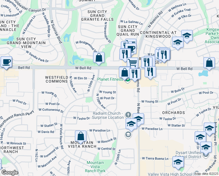 map of restaurants, bars, coffee shops, grocery stores, and more near 15725 West Lundberg Street in Surprise