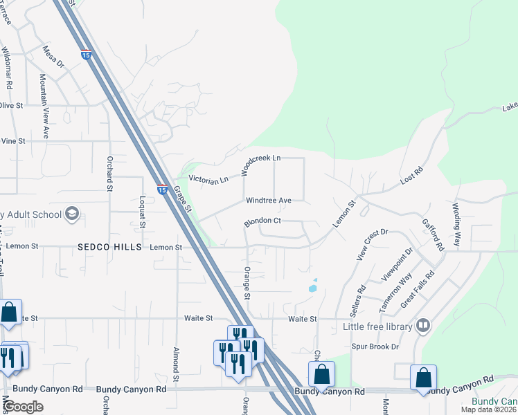 map of restaurants, bars, coffee shops, grocery stores, and more near 22041 Windtree Avenue in Wildomar