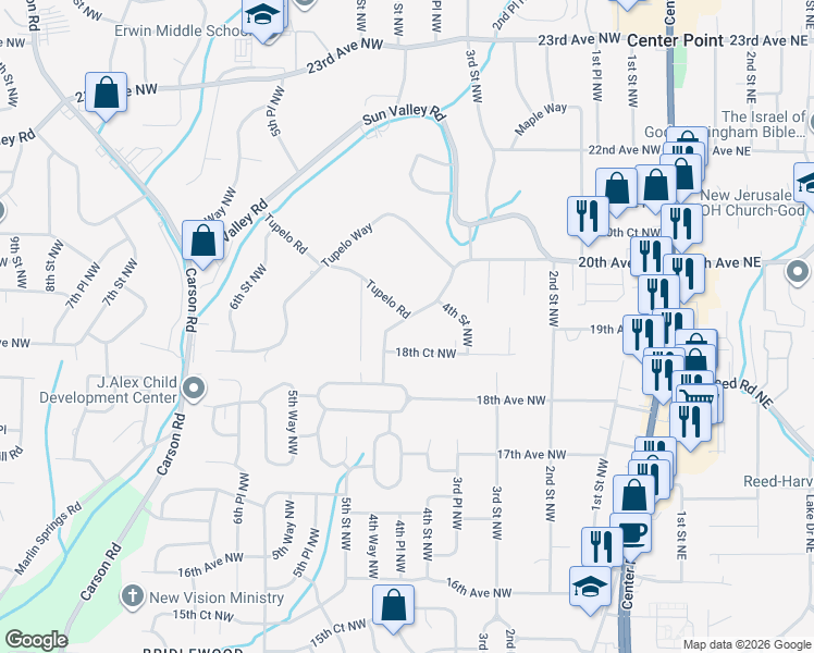 map of restaurants, bars, coffee shops, grocery stores, and more near 1825 Oak Street Northwest in Center Point