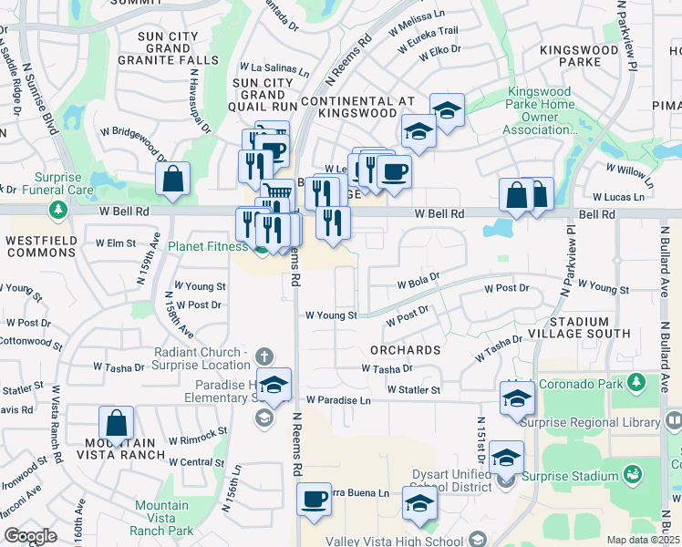 map of restaurants, bars, coffee shops, grocery stores, and more near 15380 West Young Street in Surprise