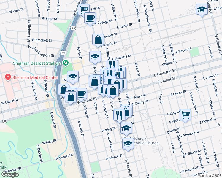 map of restaurants, bars, coffee shops, grocery stores, and more near in Sherman