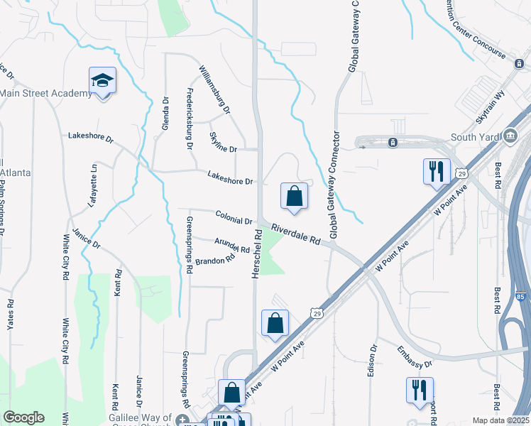 map of restaurants, bars, coffee shops, grocery stores, and more near 4384 Herschel Road in College Park