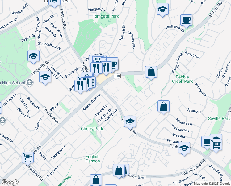 map of restaurants, bars, coffee shops, grocery stores, and more near 25885 Trabuco Road in Lake Forest