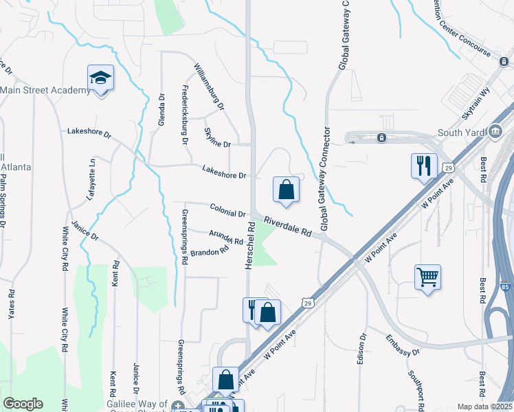 map of restaurants, bars, coffee shops, grocery stores, and more near 4384 Herschel Road in College Park