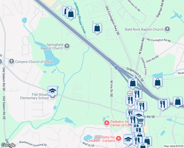 map of restaurants, bars, coffee shops, grocery stores, and more near 2120 Teri Lane Southeast in Conyers