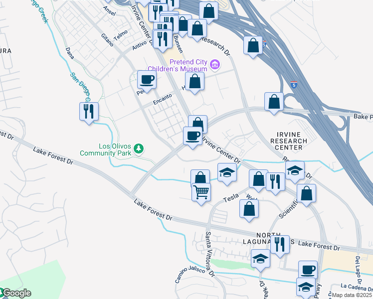 map of restaurants, bars, coffee shops, grocery stores, and more near 16500 Bake Parkway in Irvine