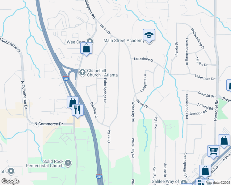 map of restaurants, bars, coffee shops, grocery stores, and more near 4383 Yates Road in College Park