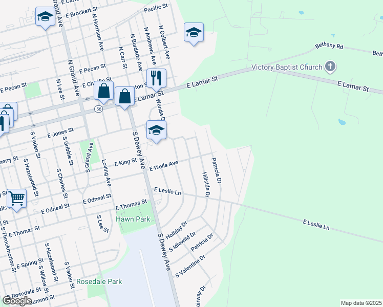 map of restaurants, bars, coffee shops, grocery stores, and more near 625 South Colbert Avenue in Sherman