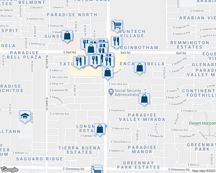 map of restaurants, bars, coffee shops, grocery stores, and more near 16411 North 47th Place in Phoenix