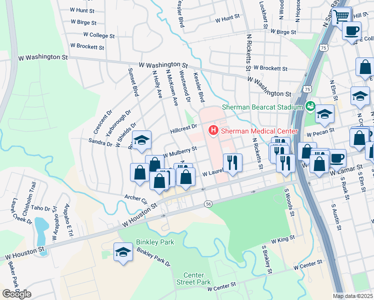 map of restaurants, bars, coffee shops, grocery stores, and more near 312 North McKown Avenue in Sherman