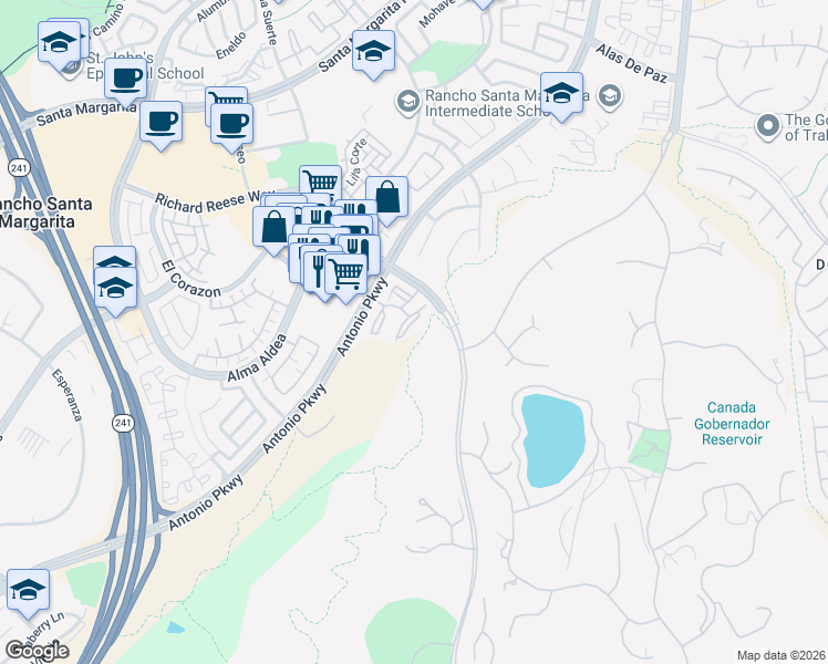 map of restaurants, bars, coffee shops, grocery stores, and more near 48 San Angelo in Rancho Santa Margarita