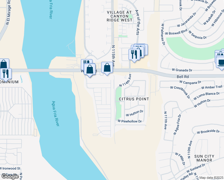 map of restaurants, bars, coffee shops, grocery stores, and more near 11596 West Sierra Dawn Boulevard in Surprise