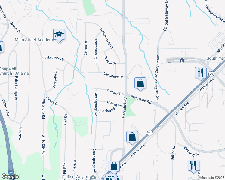 map of restaurants, bars, coffee shops, grocery stores, and more near 2609 Colonial Drive in College Park