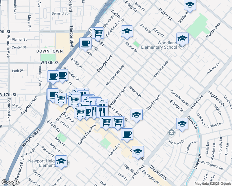map of restaurants, bars, coffee shops, grocery stores, and more near 288 East 18th Street in Costa Mesa