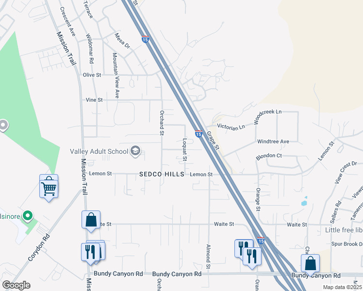 map of restaurants, bars, coffee shops, grocery stores, and more near 33359 Loquat Street in Wildomar
