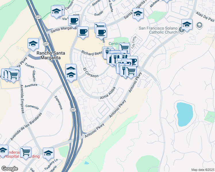 map of restaurants, bars, coffee shops, grocery stores, and more near 111 Calle De Los Ninos in Rancho Santa Margarita