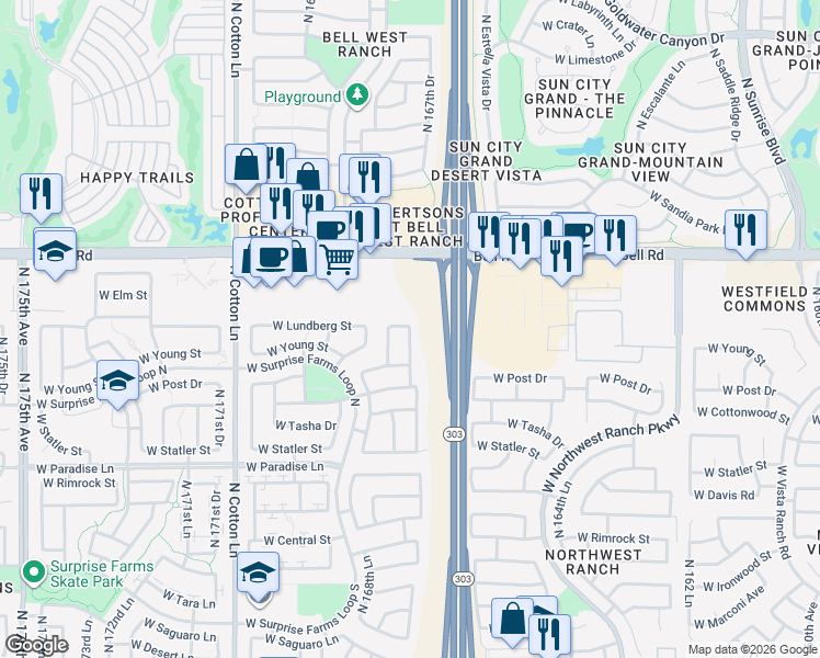 map of restaurants, bars, coffee shops, grocery stores, and more near North 168th Avenue in Surprise