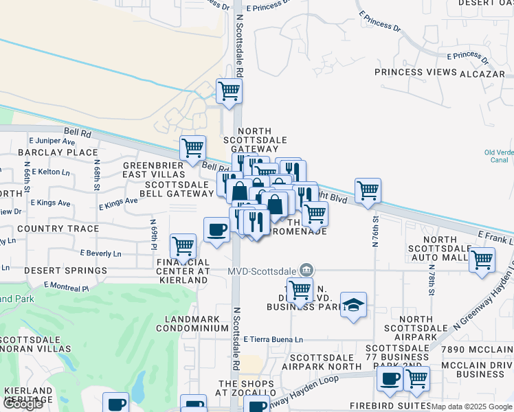 map of restaurants, bars, coffee shops, grocery stores, and more near 16435 North Scottsdale Road in Scottsdale