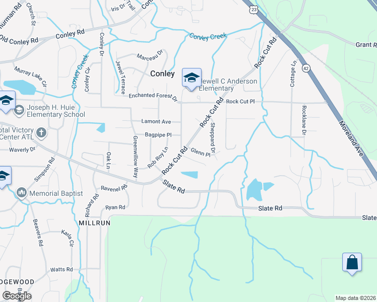 map of restaurants, bars, coffee shops, grocery stores, and more near 1723 Glenn Place in Conley