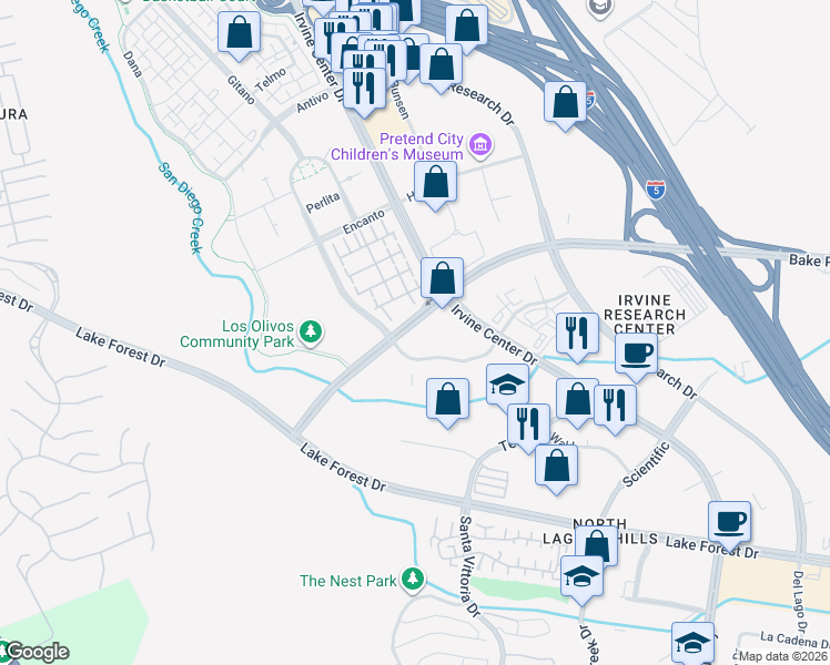 map of restaurants, bars, coffee shops, grocery stores, and more near 16500 Bake Parkway in Irvine