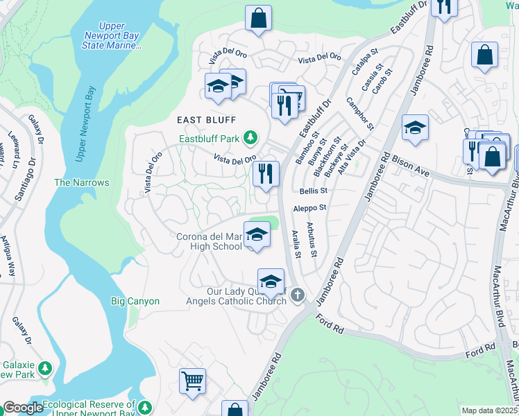map of restaurants, bars, coffee shops, grocery stores, and more near 2209 Vista Huerta in Newport Beach