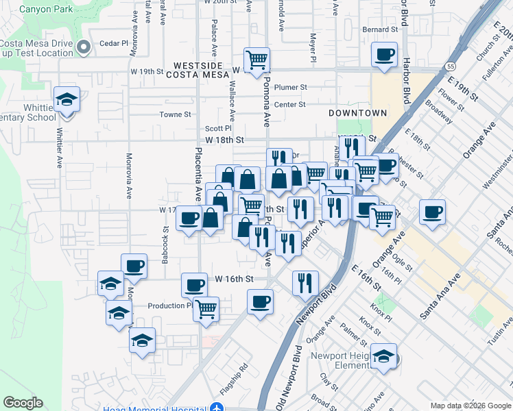 map of restaurants, bars, coffee shops, grocery stores, and more near 711 West 17th Street in Costa Mesa