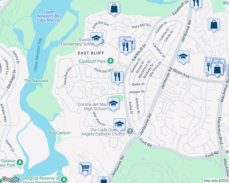 map of restaurants, bars, coffee shops, grocery stores, and more near 2209 Vista Huerta in Newport Beach