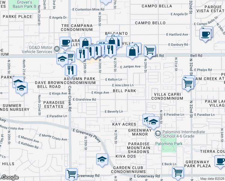 map of restaurants, bars, coffee shops, grocery stores, and more near 2645 East Kings Avenue in Phoenix
